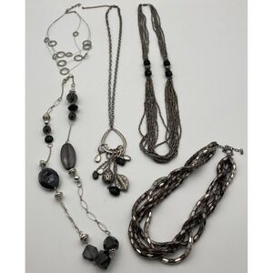 Set of 5 Silver & Black Statement Necklaces Long Pendant Beaded Multi-Strand